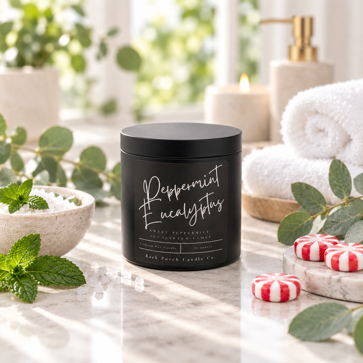 Peppermint Eucalyptus matte black soy candle by Back Porch Candle Co. with peppermint candies, mint, eucalyptus, bath salts and white spa towels.