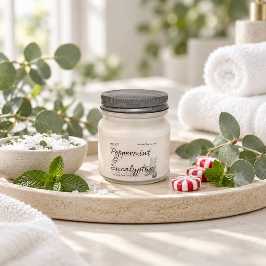 Peppermint & Eucalyptus 8 oz soy candle by Back Porch Candle Co. styled in a fresh spa-inspired setting with mint and eucalyptus.