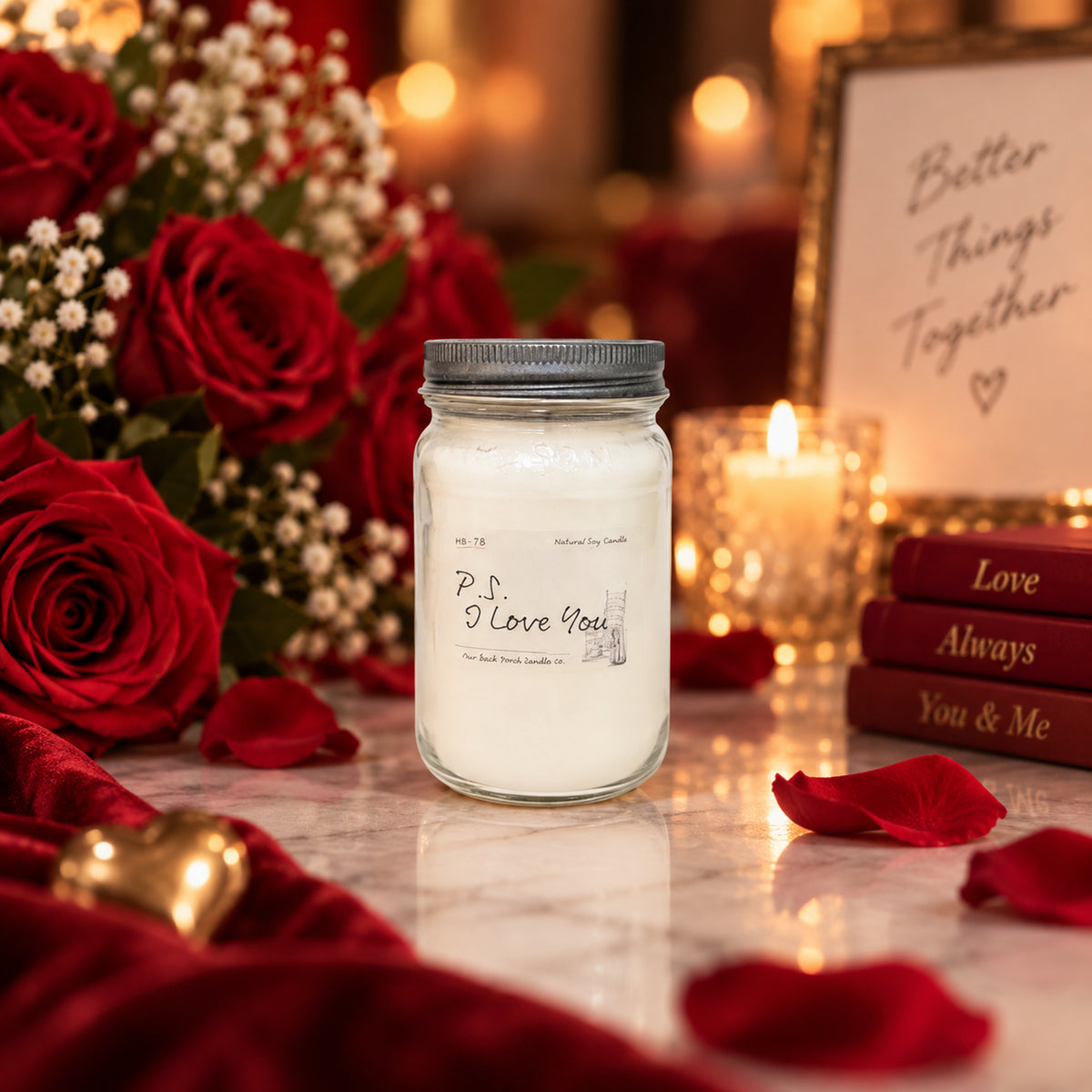 P.S. I Love You 16 oz soy candle by Back Porch Candle Co. styled with red roses and romantic warm light.