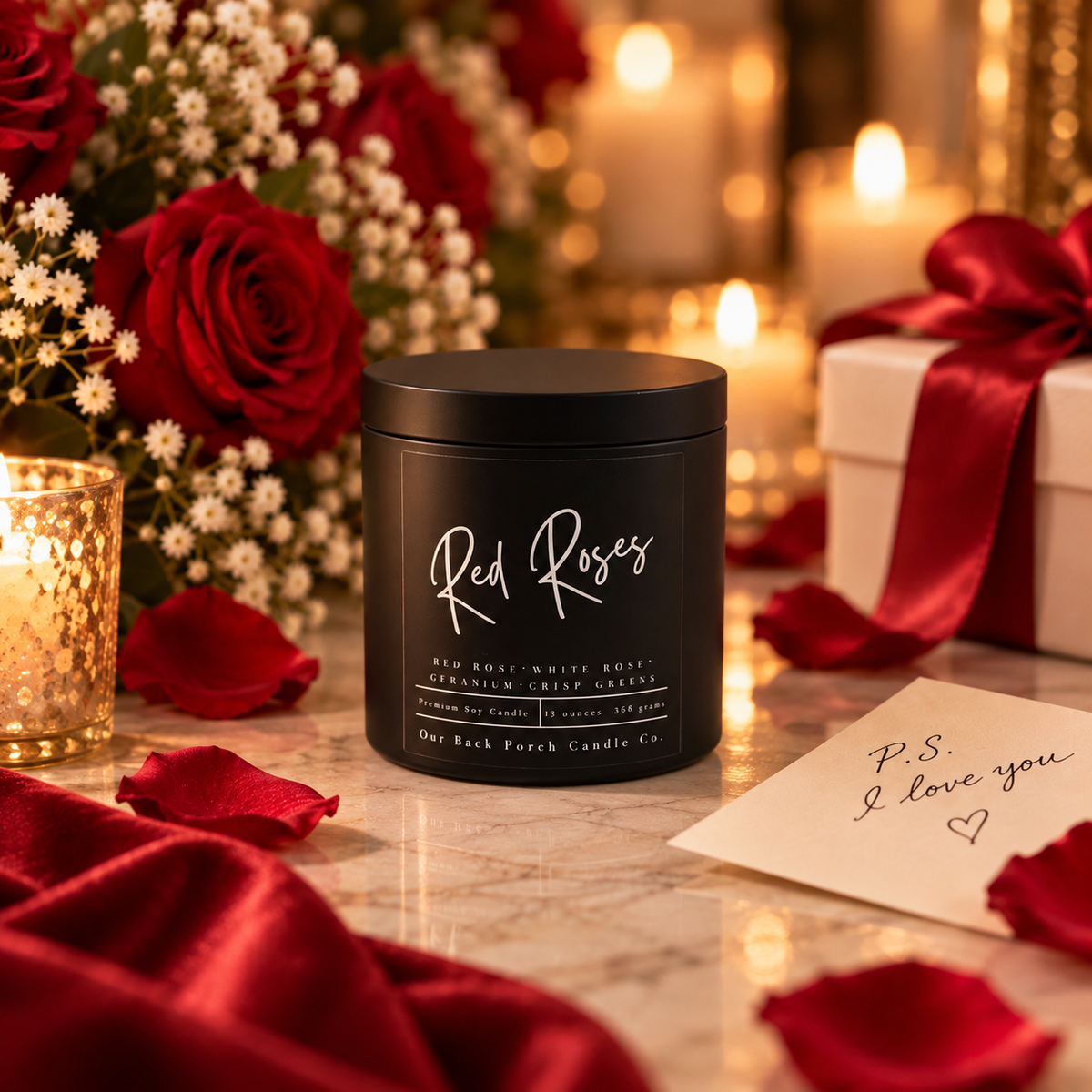 Red Roses black tin soy candle with red roses, white flowers, gift box and a handwritten love note.