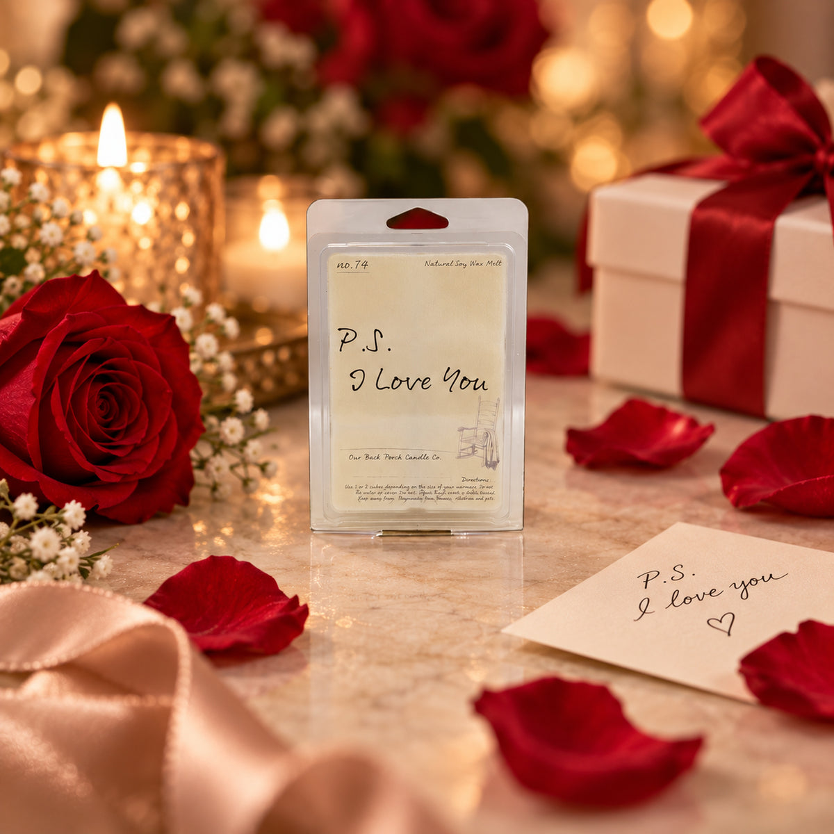 P.S. I Love You soy wax melt by Back Porch Candle Co. styled with red roses, a handwritten love note, and warm romantic light.