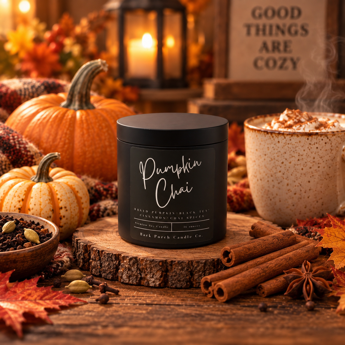 Pumpkin Chai matte black 16oz soy candle by Back Porch Candle Co. styled with pumpkins, a steaming chai drink, cinnamon sticks, autumn leaves and warm lantern light.