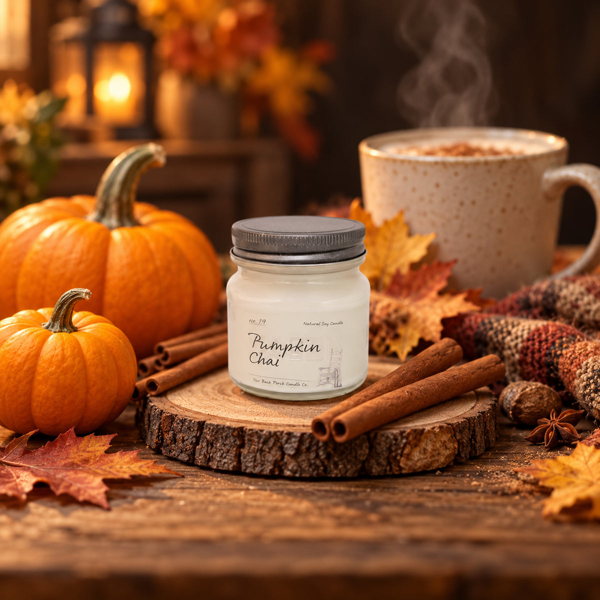 Pumpkin Chai 8 oz soy candle by Back Porch Candle Co. styled with pumpkins, cinnamon, chai spices, autumn leaves, and a warm seasonal drink.