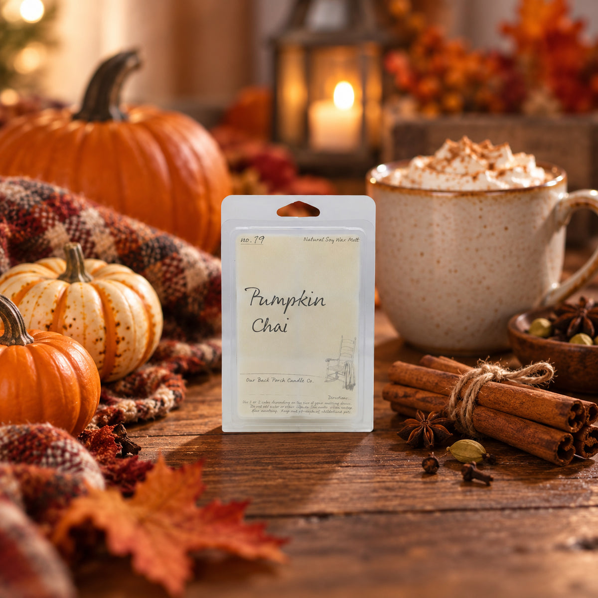 Pumpkin Chai soy wax melt by Back Porch Candle Co. styled with pumpkins, cinnamon, chai spices, autumn leaves, and warm fall details.