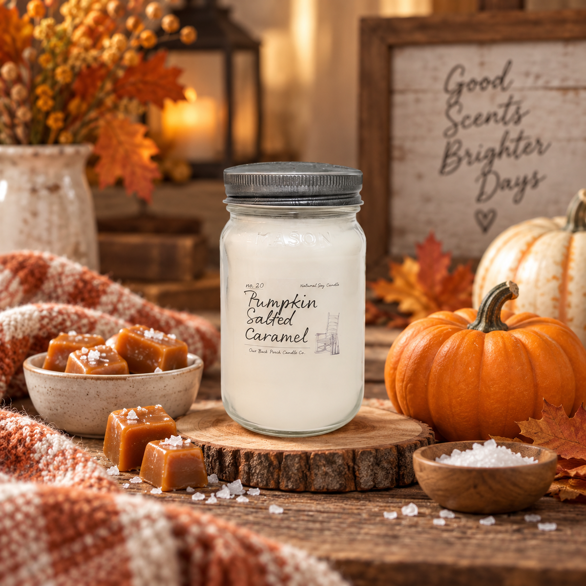 Pumpkin Salted Caramel 16 oz soy candle by Back Porch Candle Co. styled with salted caramel, pumpkins, and cozy autumn details.