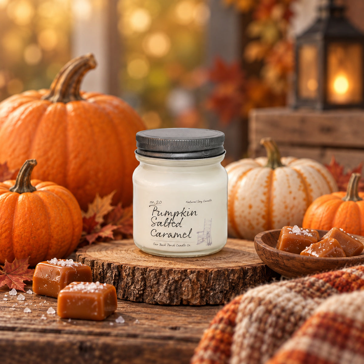 Pumpkin Salted Caramel 8 oz soy candle by Back Porch Candle Co. styled with pumpkin, caramel, sea salt, and cozy fall details.
