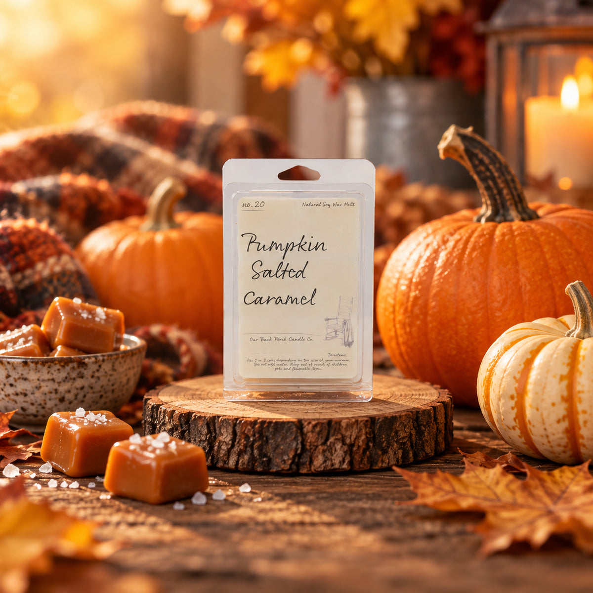 Pumpkin Salted Caramel soy wax melt by Back Porch Candle Co. styled with pumpkin, salted caramel, sea salt, and warm autumn details.