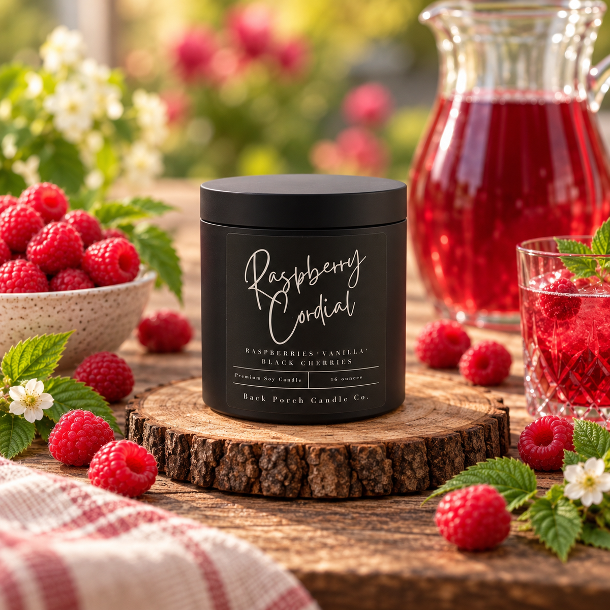 Raspberry Cordial matte black 16oz soy candle by Back Porch Candle Co. with fresh raspberries, raspberry cordial drink, glass pitcher, and sunlit greenery.