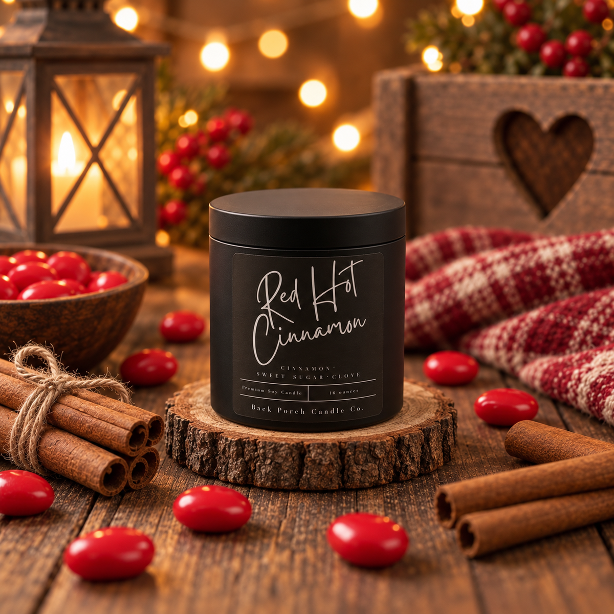 Red Hot Cinnamon matte black soy candle by Back Porch Candle Co. with cinnamon sticks, red cinnamon candies, rustic wood, and glowing holiday lantern.