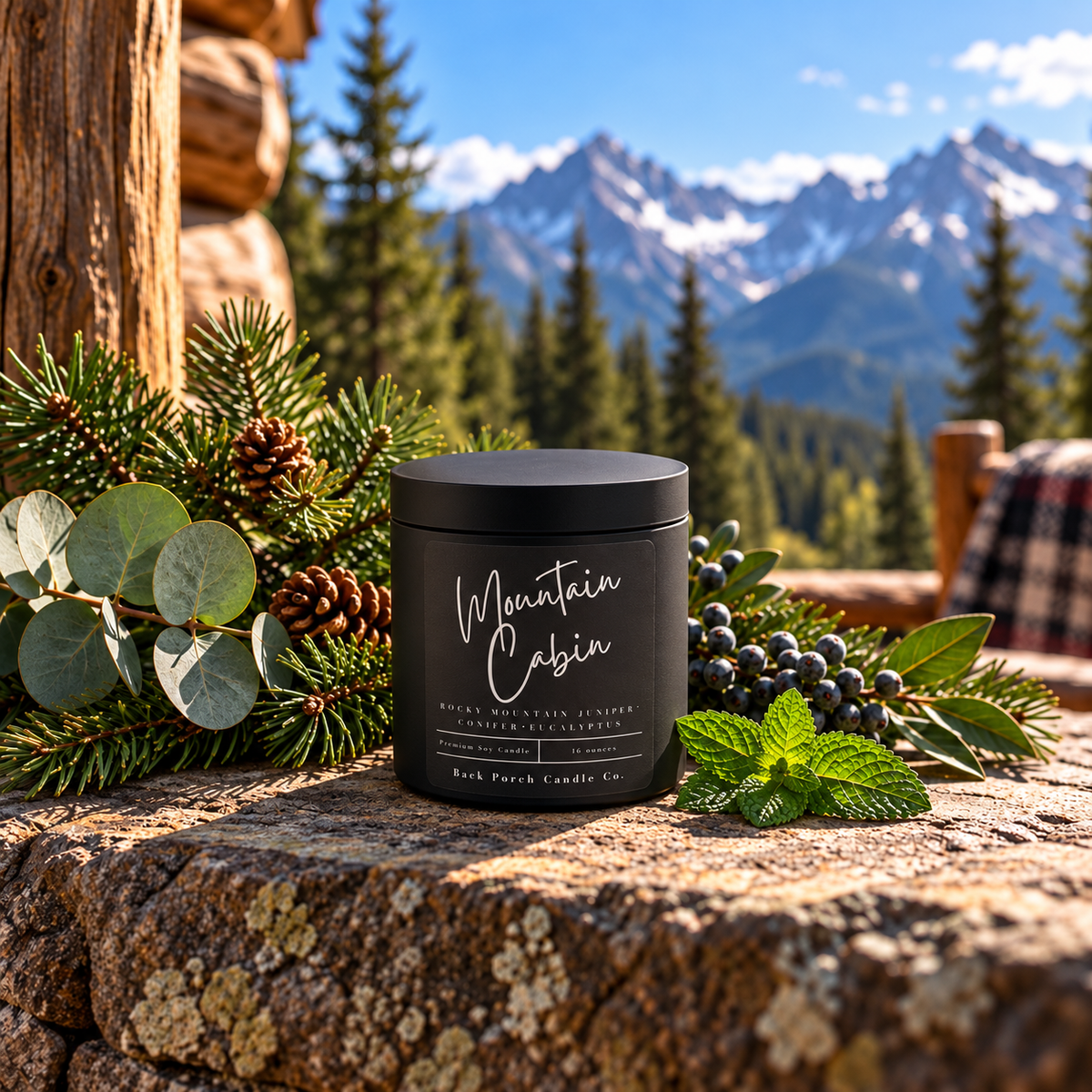 Mountain Cabin matte black 16oz soy candle by Back Porch Candle Co. on a rustic mountain porch with pine branches, eucalyptus, juniper berries and snowy Rocky Mountain peaks.