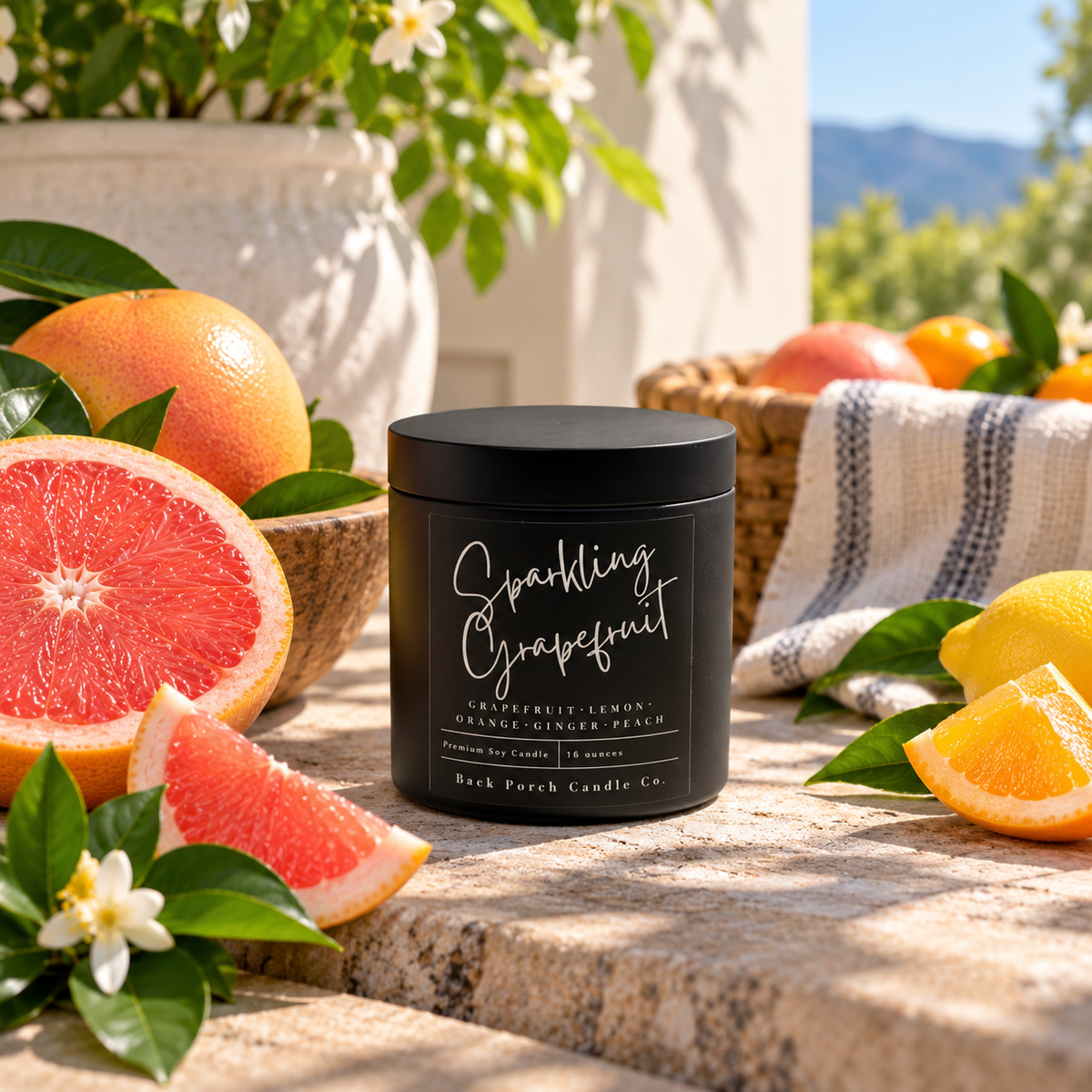 Sparkling Grapefruit matte black 16oz soy candle by Back Porch Candle Co. on a sunlit stone table with fresh grapefruit, citrus fruit, white blossoms, and a wicker fruit basket.