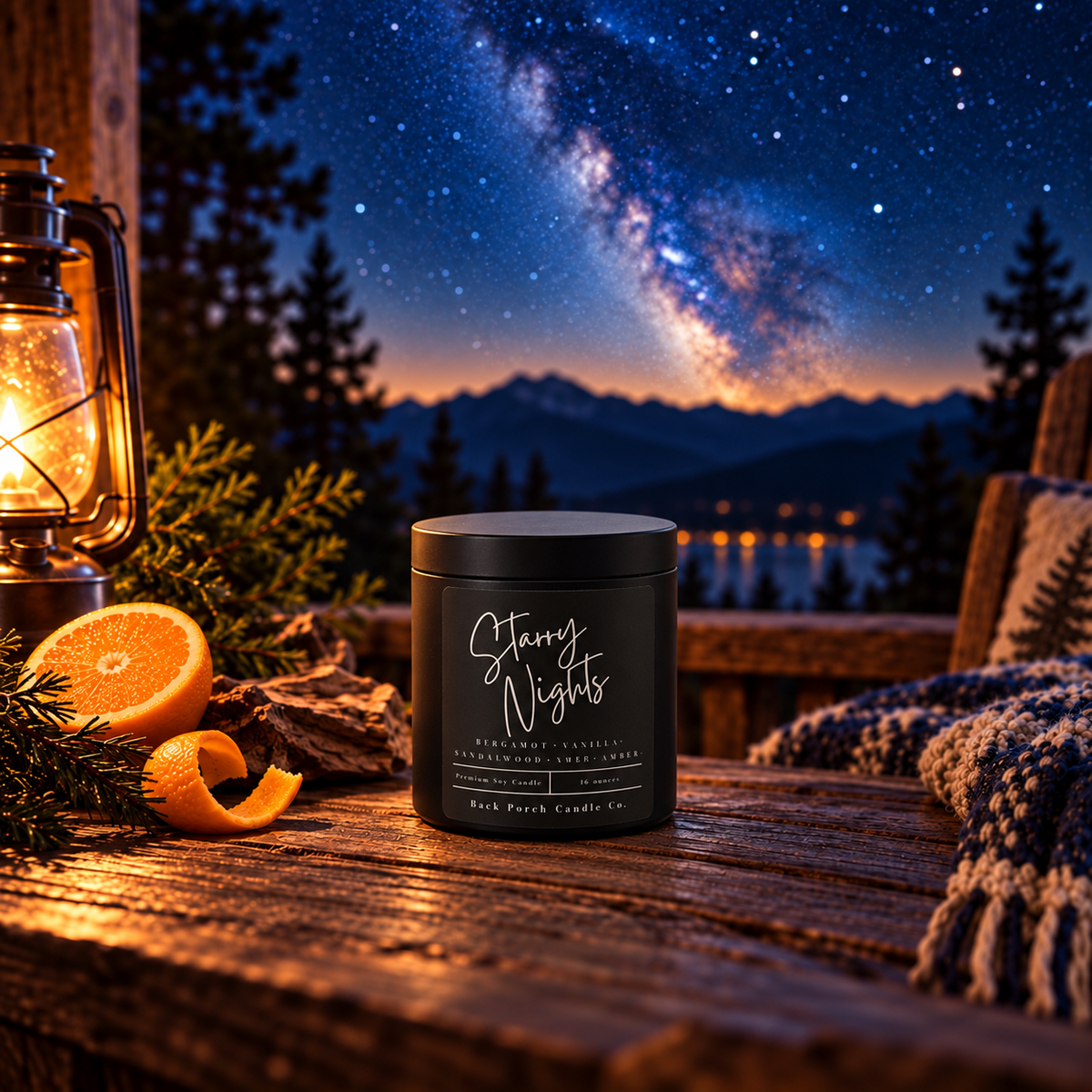 Starry Nights matte black soy candle by Back Porch Candle Co. on a rustic porch with warm lantern light, orange peel, firewood and the Milky Way over mountains.