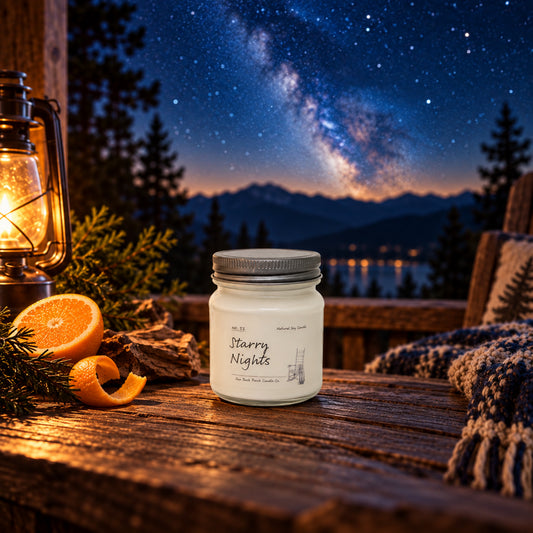 Starry Nights 8 oz soy candle by Back Porch Candle Co. styled with bright bergamot, fresh citrus, sandalwood, and warm woody evening notes.