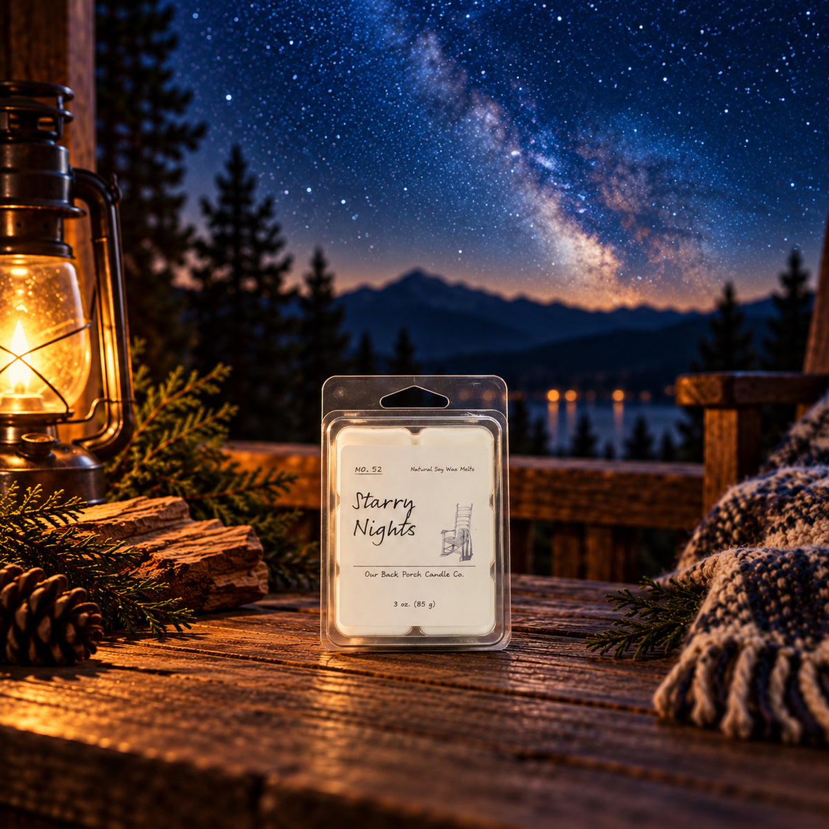 Starry Nights soy wax melt by Back Porch Candle Co. styled with bergamot orange, sandalwood, warm woods, and a sophisticated nighttime atmosphere.
