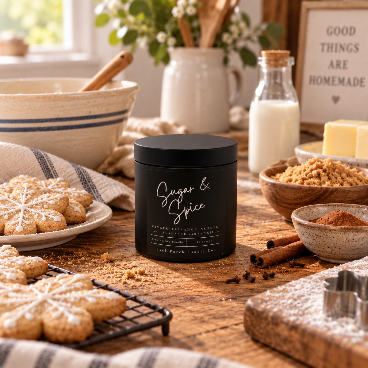 Sugar & Spice matte black 16oz soy candle by Back Porch Candle Co. in a cozy baking kitchen with iced cookies, cinnamon sticks, spices, flour and warm daylight.