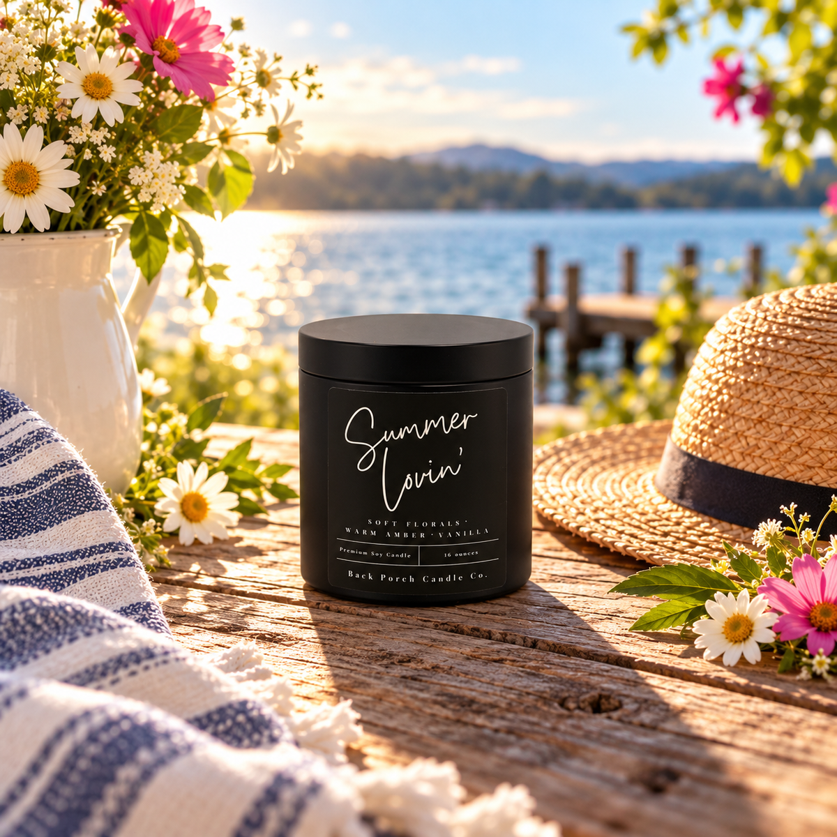 Summer Lovin' matte black soy candle by Back Porch Candle Co. on a golden-hour lakeside porch with daisies, pink flowers, straw sunhat, striped towel and blue water.