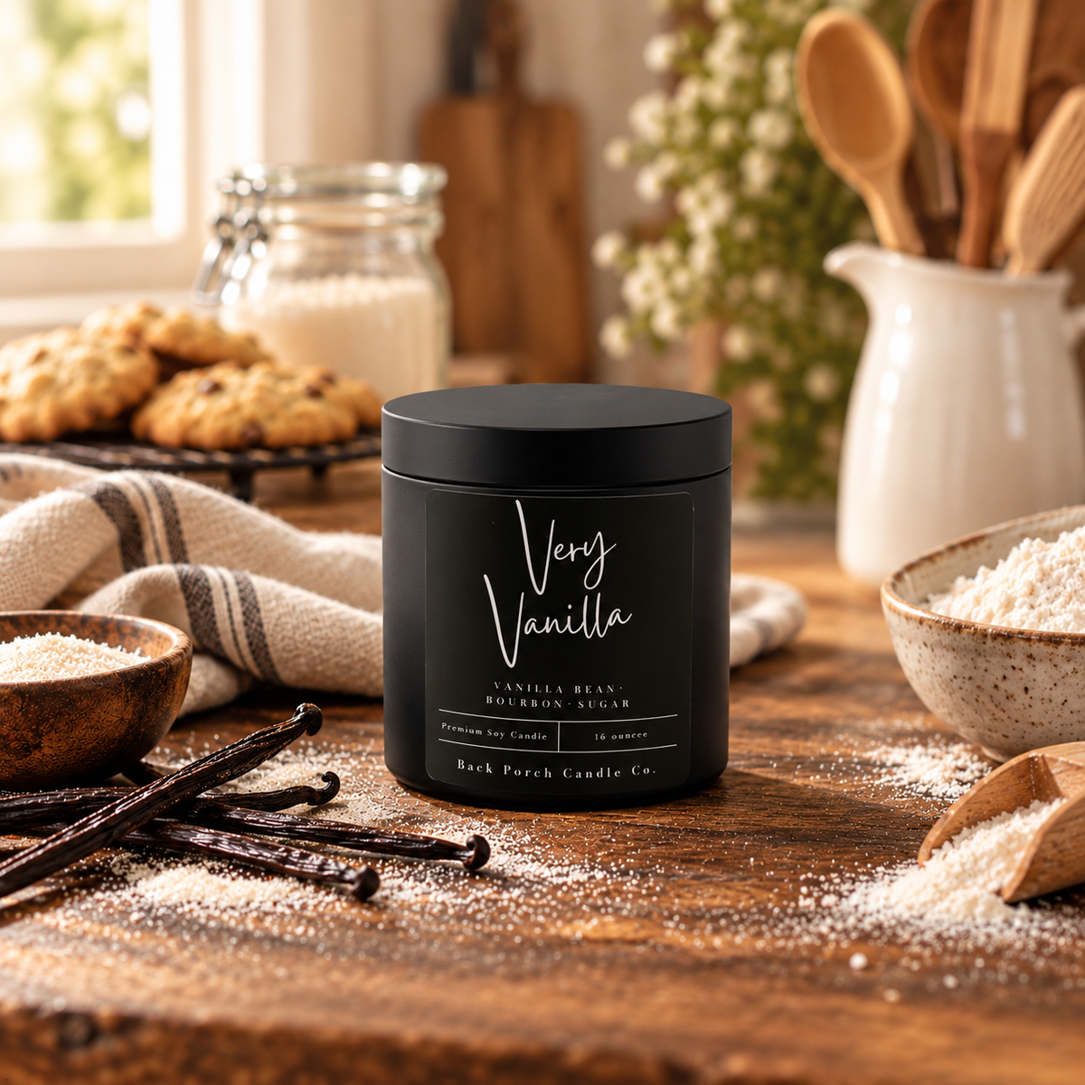 Very Vanilla matte black soy candle by Back Porch Candle Co. with vanilla beans, cookies and baking ingredients.